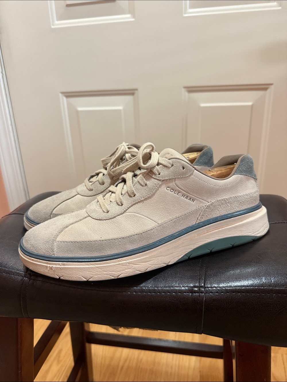Cole Haan Men's Light Beige Suede Sneakers with Blue Accent